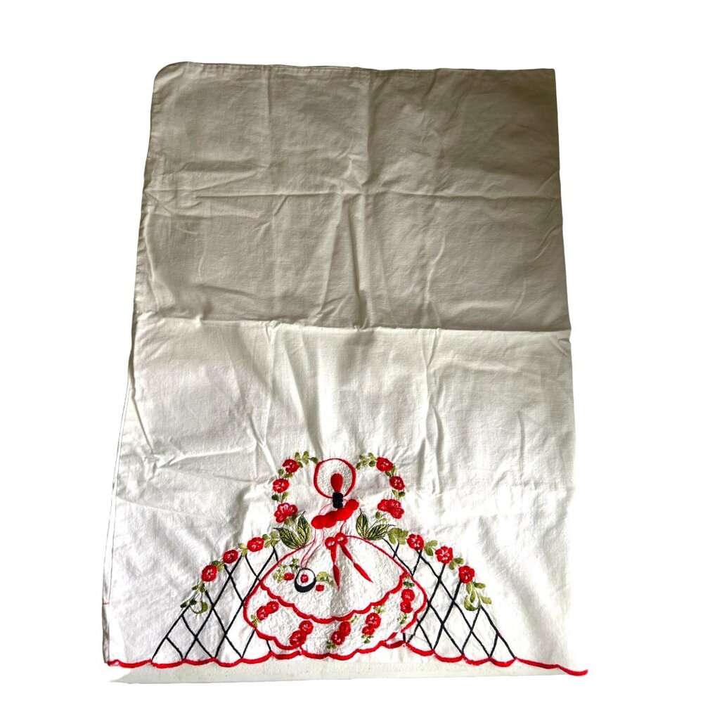 Vintage Hand-Embroidered Lady Design Cotton Pillow Cases Red Green Floral Accent